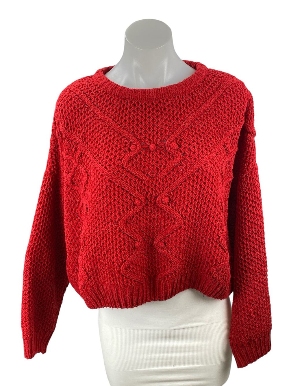 Love Tree Women's Red Argyle Knit Long Sleeve Boxy Pullover Sweater Top Size L